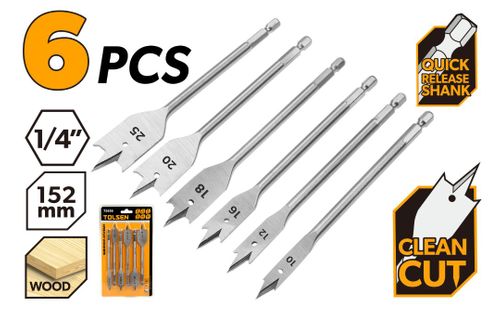 DRILL BIT SET FLAT WOOD 6PCS 10,12,16,18,20,25MM