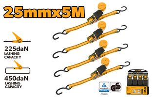TIE DOWN RATCHET SET 4PC 25MM x 5M/450KG