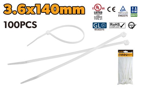 CABLE TIE WHITE 3.6 X 140MM NYLON