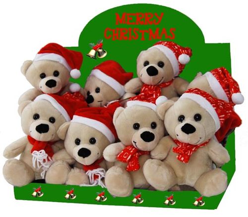 XMAS BEAR PLAIN & HOHOHO HAT 12PACK 15CM