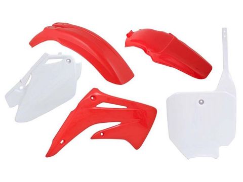 PLASTIC KIT RTECH FRONT &REAR FENDERS SIDEPANELS &RADIATOR SHROUDS &FRONT NUMBERPLATE HONDA CR85R