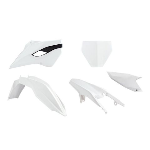 RTECH PLASTIC MX STYLE FRONT/REAR FENDER FRONT NUMBER PLATE RADIATOR SHROUD & SIDE PANEL WHITE