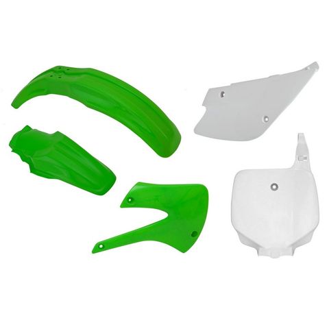 PLASTICS KIT RTECH FRONT/REAR FENDERS SIDEPANEL &RADIATORSHROUD &FRONT NUMBERPLATE KAWASAKI KX85 100