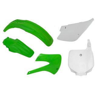 PLASTICS KIT RTECH FRONT/REAR FENDERS SIDEPANEL &RADIATORSHROUD &FRONT NUMBERPLATE KAWASAKI KX85 100