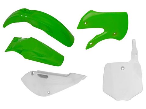 PLASTIC KIT RTECH FRONT/REAR FENDER &RADIATORSHROUD GREEN SIDEPANEL &FRONT NUMBERPLATE KAWASAKI KX65