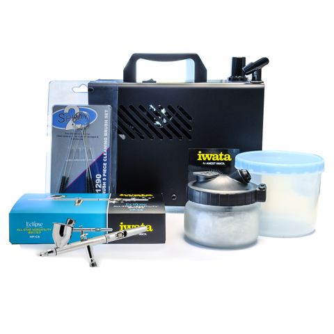 IWATA AIRBRUSH KIT HOBBY HP.CS + IS875S + CLEANING POT & BRUSHES