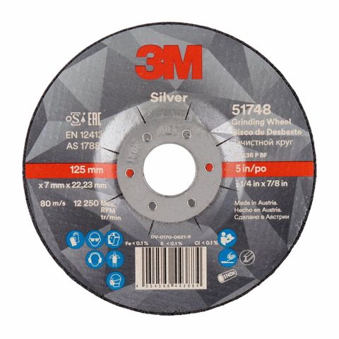 3M 51748 SILVER DEPRESSED CENTER GRINDING WHEEL 125 X 7 X 22.23 MM 10 PACK