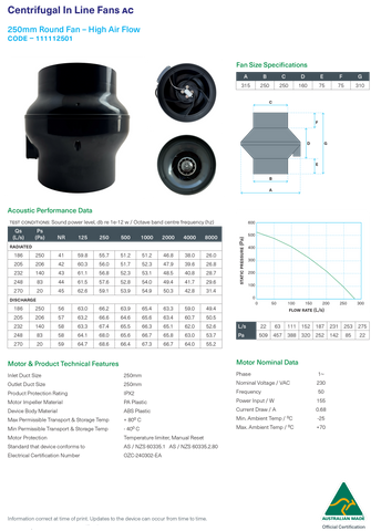 INLINE CENTRIFUGAL FAN 250mm AC BLACK HIGH FLOW