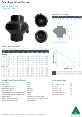 INLINE CENTRIFUGAL FAN 200mm AC