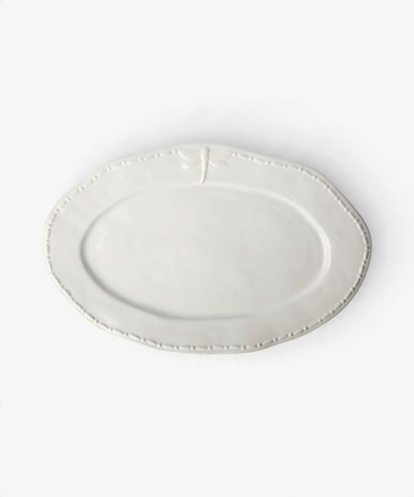 Dragonfly Stoneware White Oval Platter Large