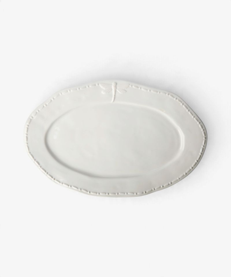 Dragonfly Stoneware White Oval Platter Large