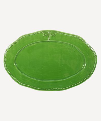 Dragonfly Stoneware Green Oval Platter Large