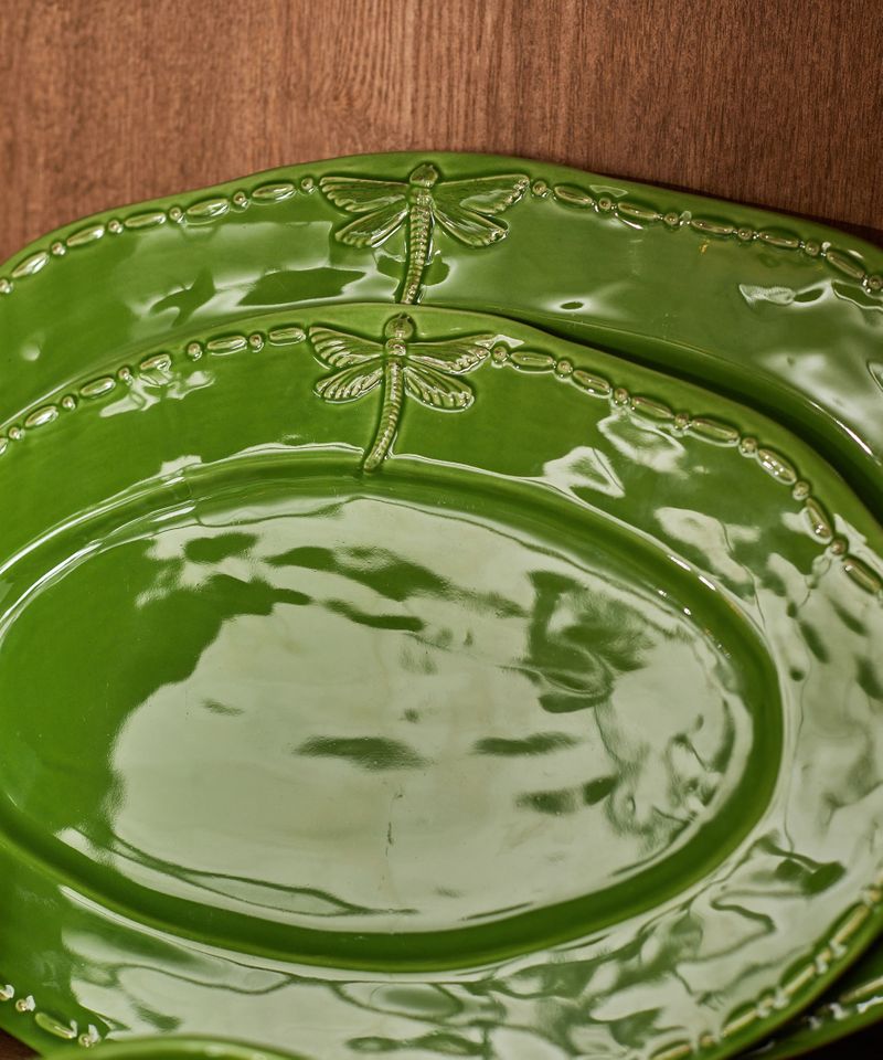 Dragonfly Stoneware Green Oval Platter Large