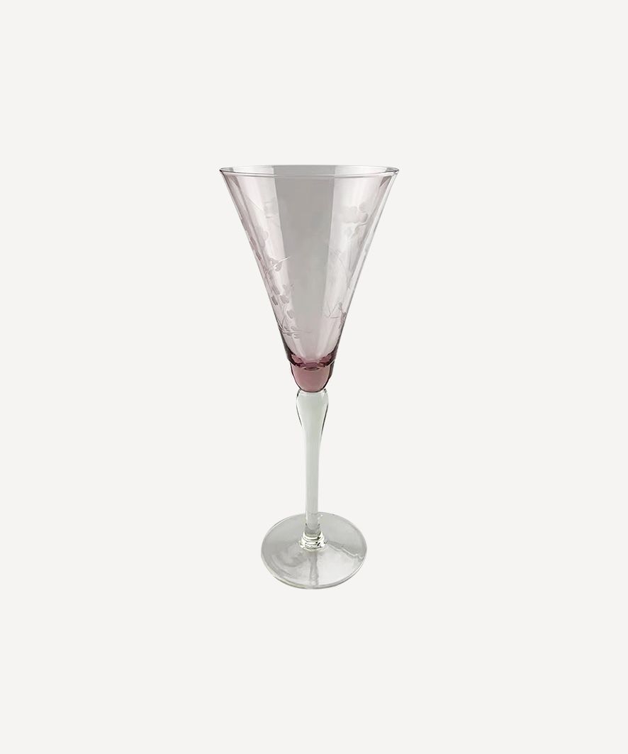 Floral Etched  Tall Wine Glass Pink