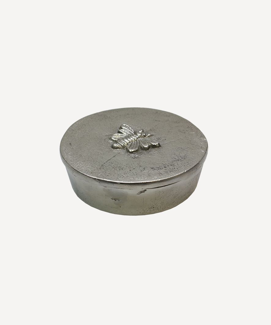 Round Silver Box with Bee Design