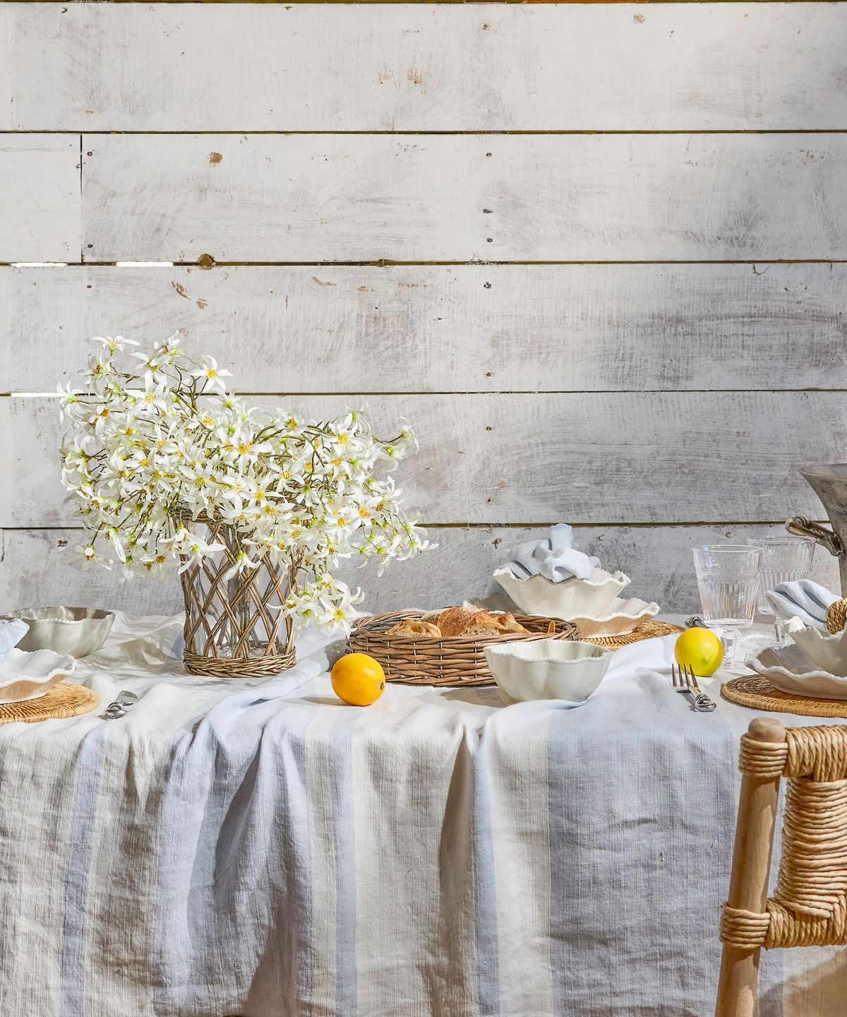 Stripe Linen Tablecloth Pale Blue Large