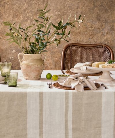Stripe Linen Tablecloth  Stone Small
