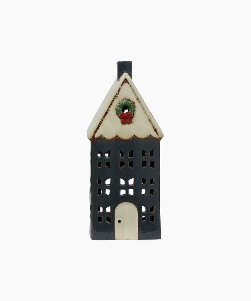 Christmas Tea Light House Blue with Wreath Large