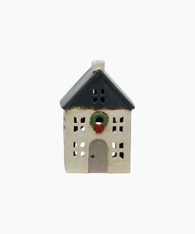 Chistmas Tea Light House Blue with Wreath Small