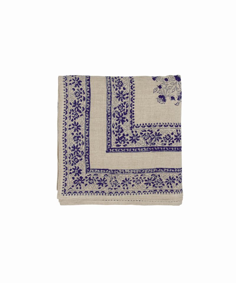 Sofia Handblocked Floral Azure Tablecloth Large
