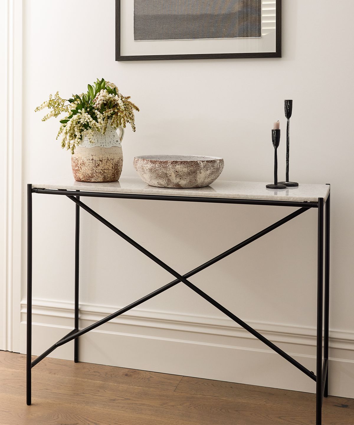 Calypso Cross Bar Iron and Marble Console