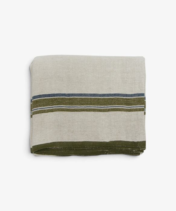 Green Selvedge Stripe Linen Tablecloth Large