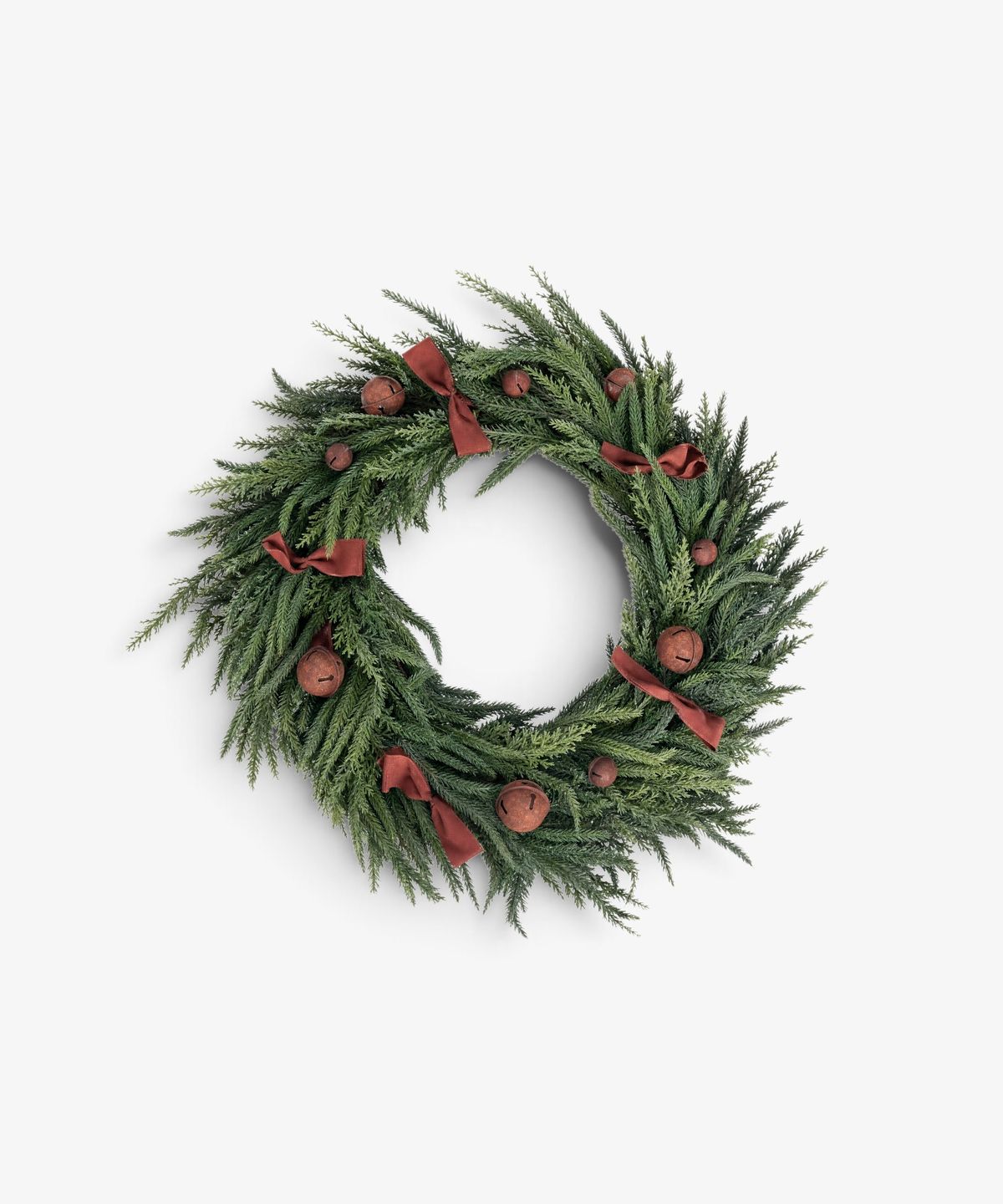 Mixed Pine Wreath Brown Velvet Bows and Bells