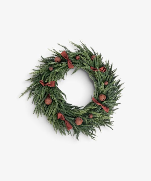 Mixed Pine Wreath Brown Velvet Bows and Bells