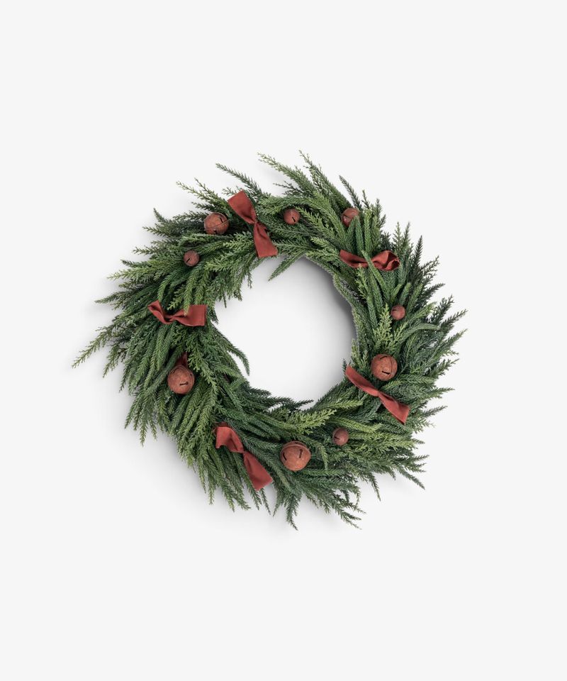Mixed Pine Wreath Brown Velvet Bows and Bells