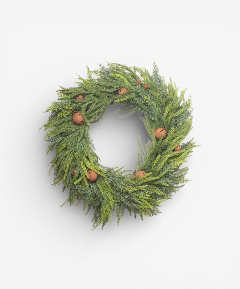 Mixed Pine Wreath Brown Velvet Bows and Bells