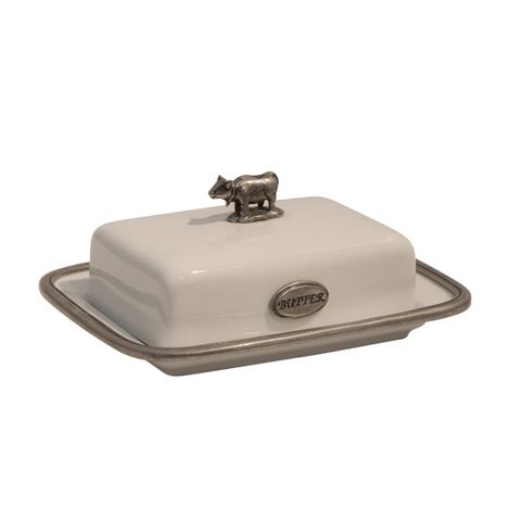White Porcelain and Pewter Butter Dish