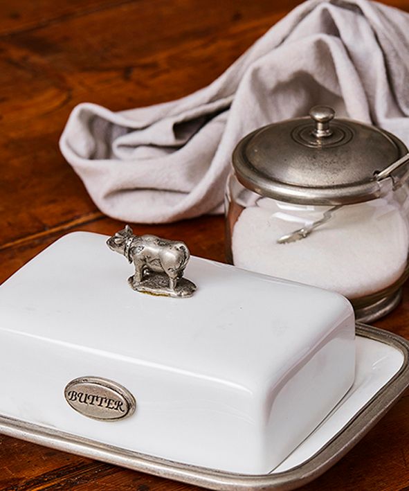 White Porcelain and Pewter Butter Dish