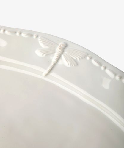 Dragonfly Stoneware White Oval Platter Large