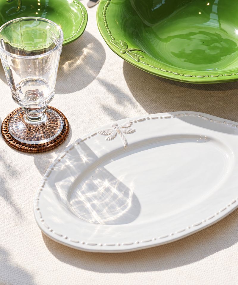 Dragonfly Stoneware White Oval Platter Small