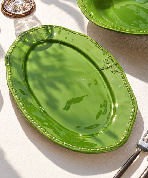 Dragonfly Stoneware Green Oval Platter Large
