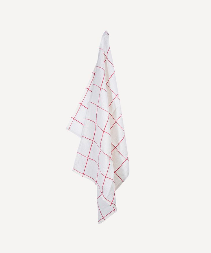 Woven Check Tea Towel Off-White & Red