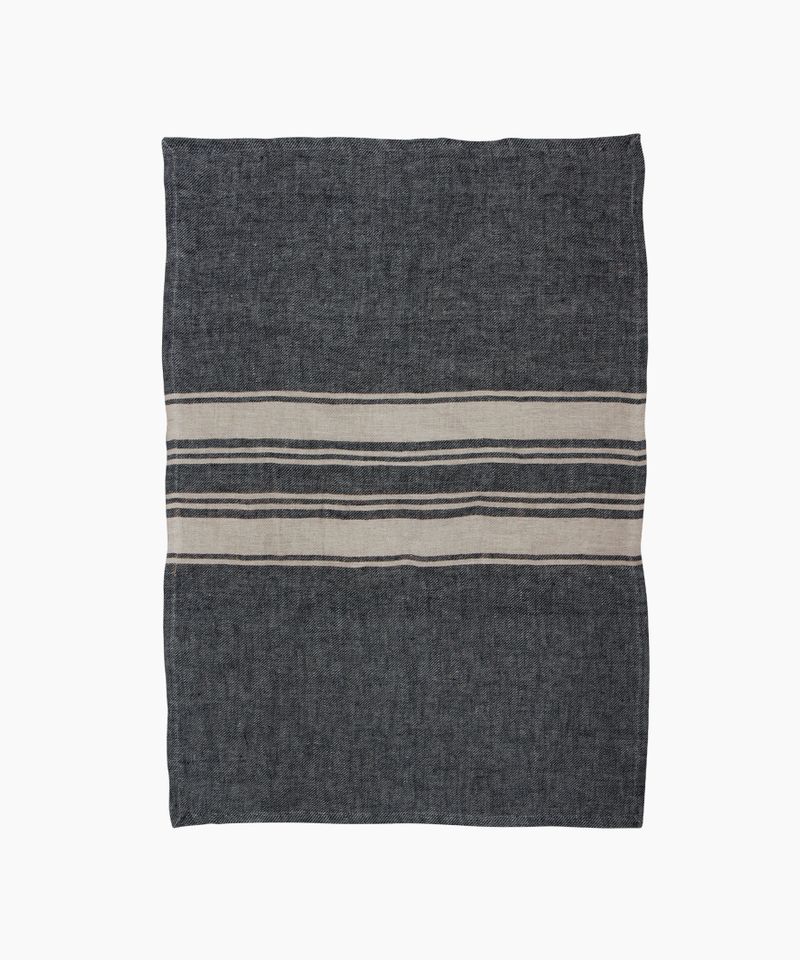 Twill Tea Towel Charcoal with Narrow Natural Stripes