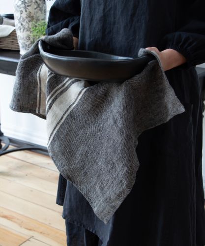 Twill Tea Towel Charcoal with Narrow Natural Stripes