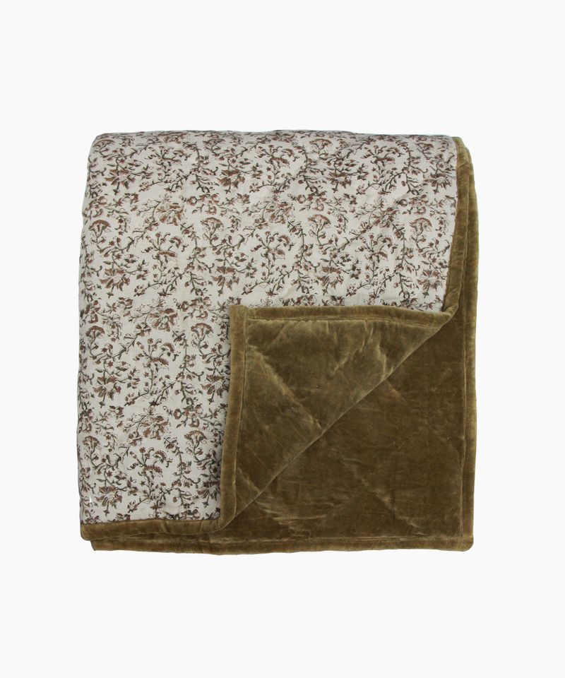 Lilibeth Handblocked Olive Velvet Quilt Large