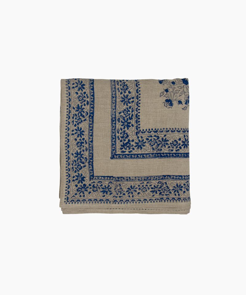 Sofia Handblocked Floral Azure Tablecloth Large