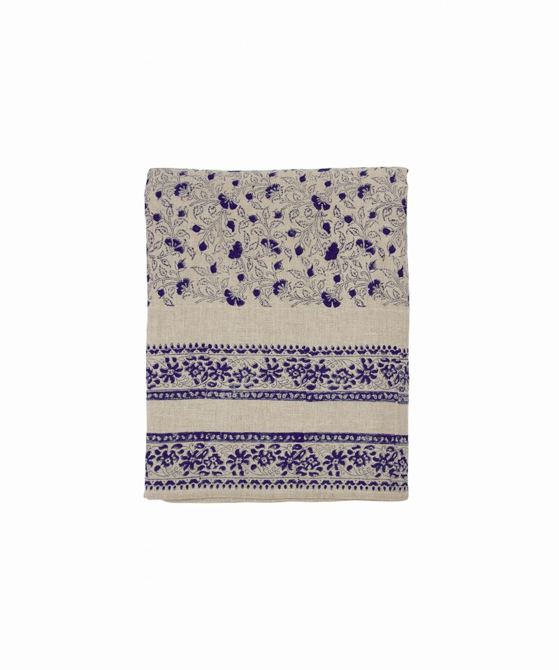 Sofia Handblocked Floral Azure Tablecloth Large