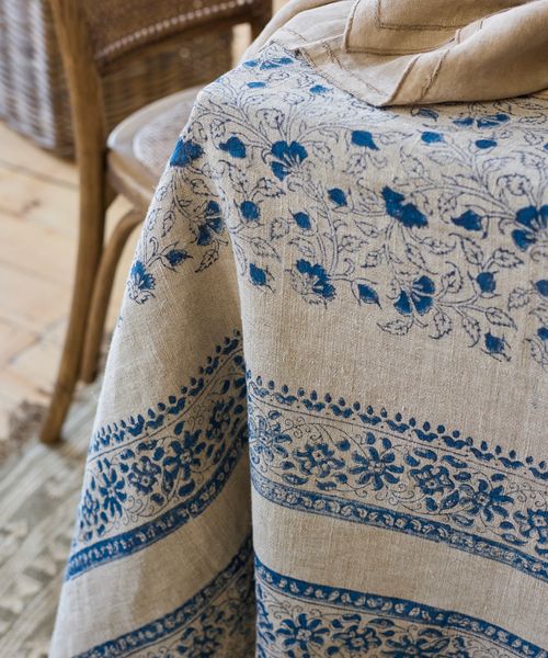Sofia Handblocked Floral Azure Tablecloth Small