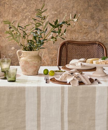 Stripe Linen Tablecloth  Stone Small