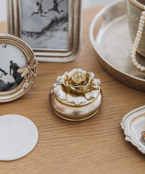 Camelia Small Round Trinket Box Pewter Finish