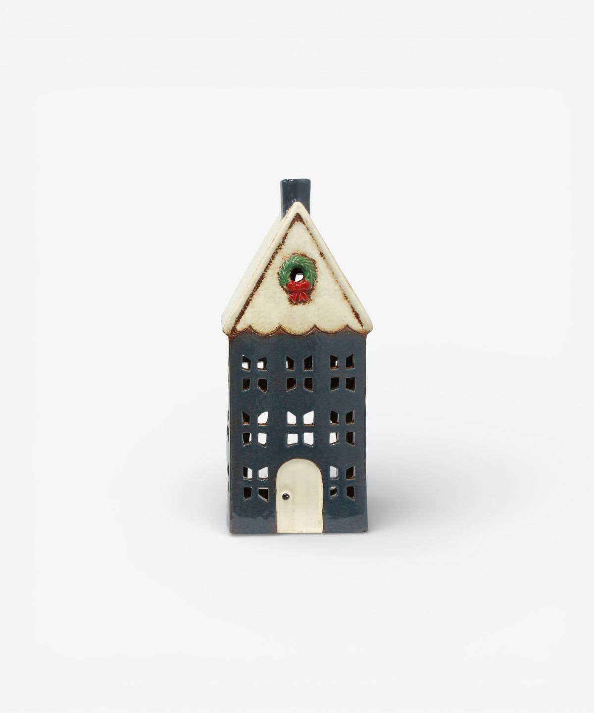 Christmas Tea Light House Blue with Wreath Large