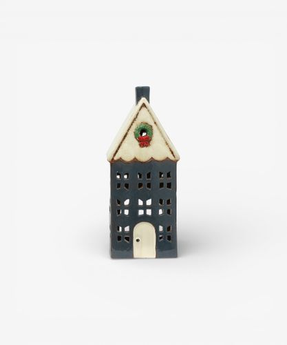 Christmas Tea Light House Blue with Wreath Large