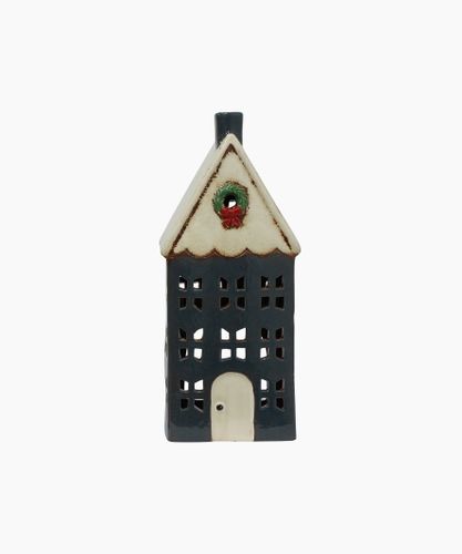 Christmas Tea Light House Blue with Wreath Large