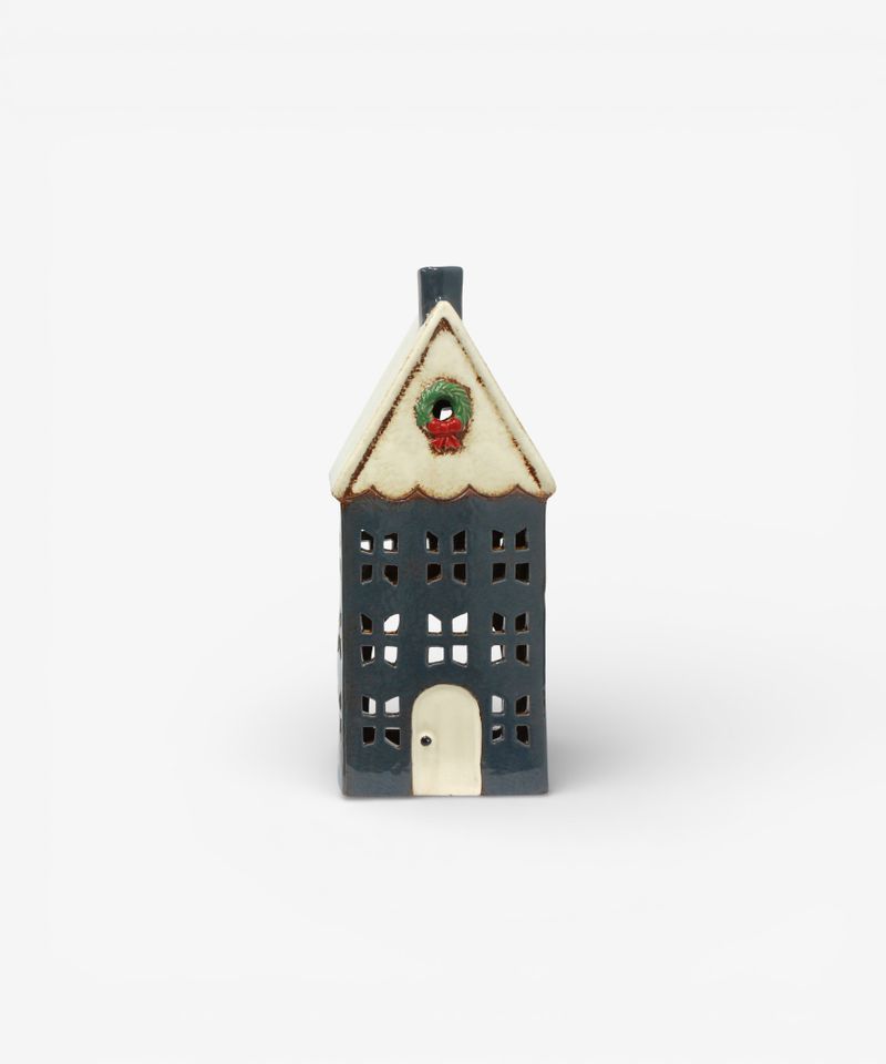 Christmas Tea Light House Blue with Wreath Large