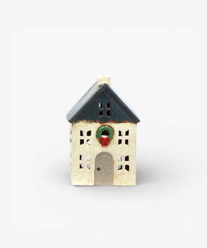 Chistmas Tea Light House Blue with Wreath Small