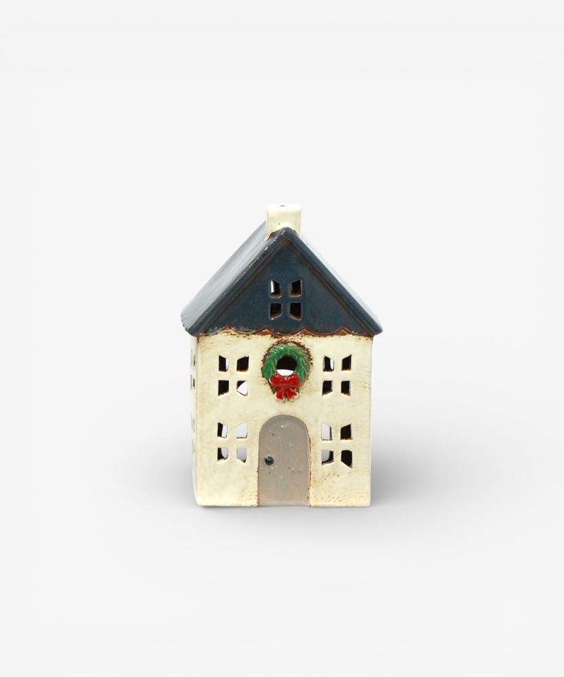 Chistmas Tea Light House Blue with Wreath Small